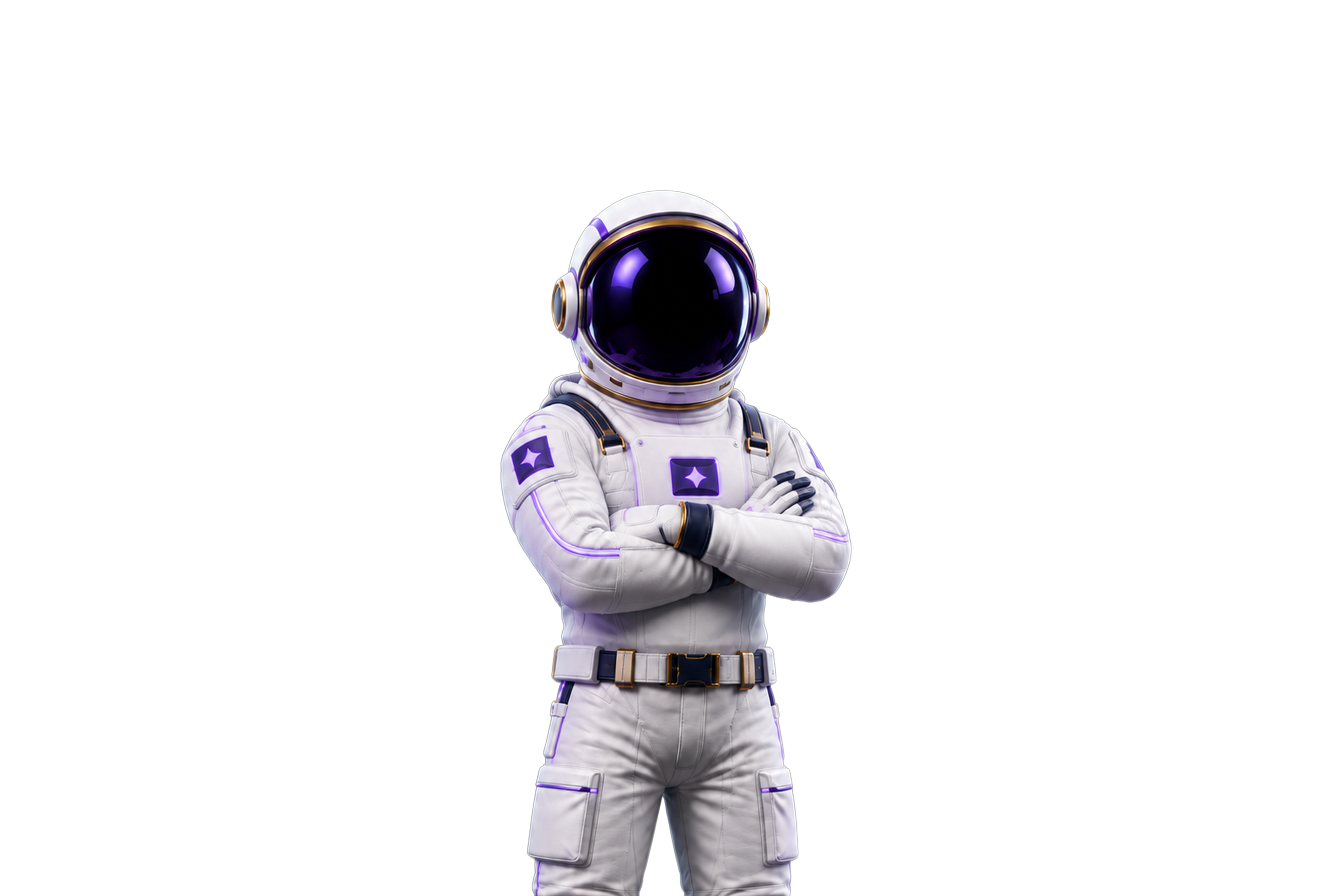 Nova, Theatre Motion&rsquo;s astronaut character, arms crossed in a purple-trimmed suit